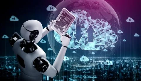 AI robot using cloud computing technology to store data on online server Stock Illustration