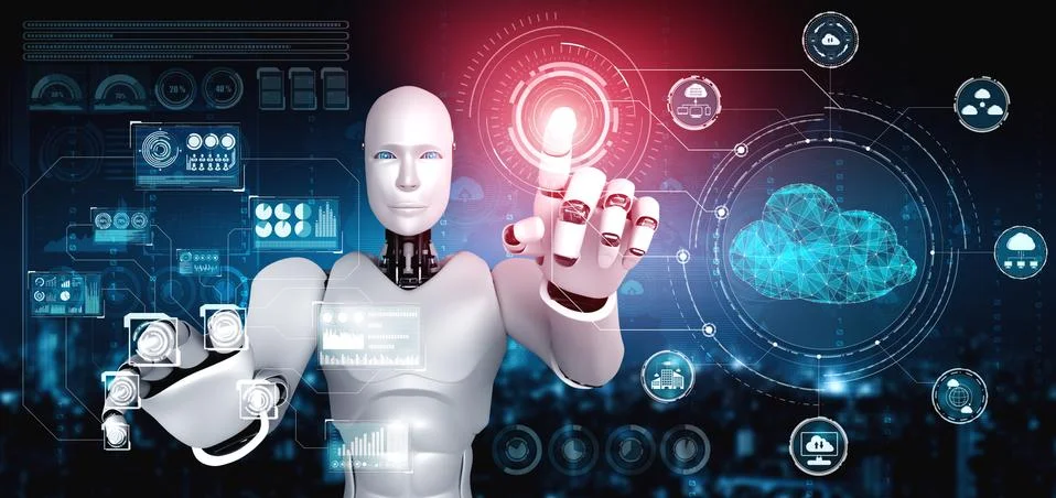 AI robot using cloud computing technology to store data on online server 스톡 일러스트