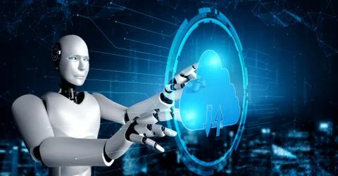 AI robot using cloud computing technology to store data on online server Stock Illustration