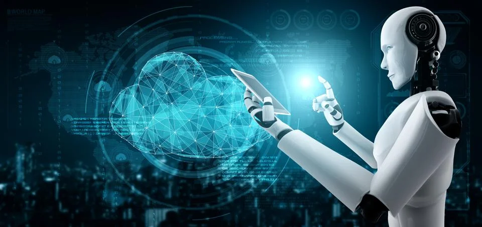 AI robot using cloud computing technology to store data on online server 库存插图