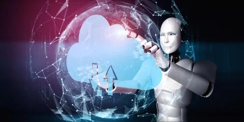 AI robot using cloud computing technology to store data on online server Stock Illustration