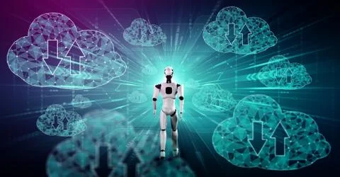 AI robot using cloud computing technology to store data on online server 스톡 일러스트
