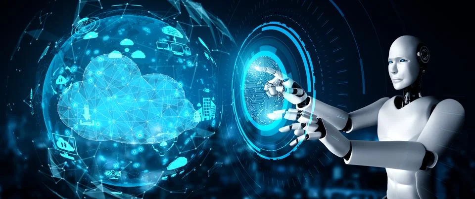 AI robot using cloud computing technology to store data on online server Stock Illustration