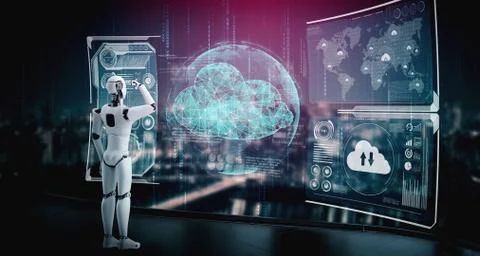 AI robot using cloud computing technology to store data on online server Stock Illustration