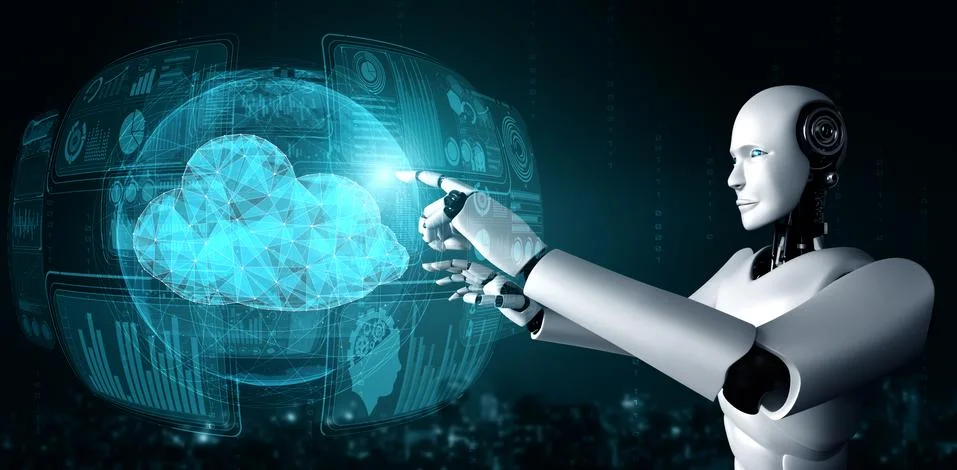 AI robot using cloud computing technology to store data on online server 스톡 일러스트