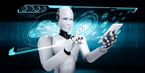 AI robot using cloud computing technology to store data on online server イラスト素材