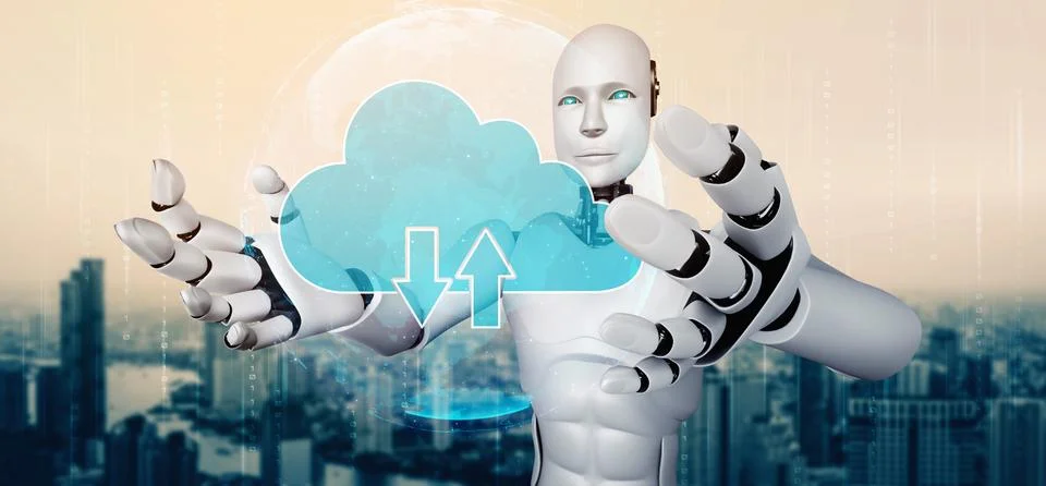 AI robot using cloud computing technology to store data on online server Stock Illustration