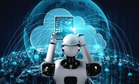 AI robot using cloud computing technology to store data on online server Stock Illustration