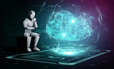 AI robot using cloud computing technology to store data on online server 스톡 일러스트