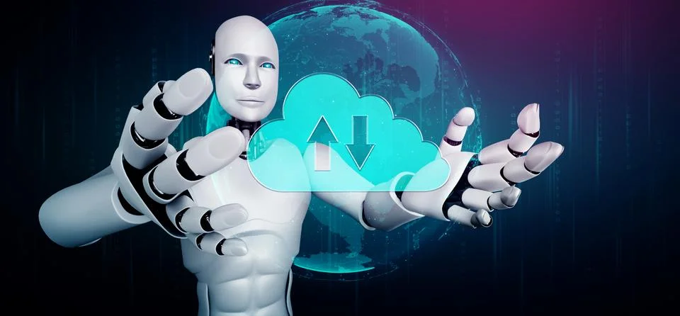 AI robot using cloud computing technology to store data on online server 스톡 일러스트