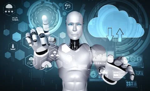 AI robot using cloud computing technology to store data on online server Stock Illustration