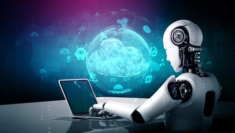 AI robot using cloud computing technology to store data on online server Stock Illustration