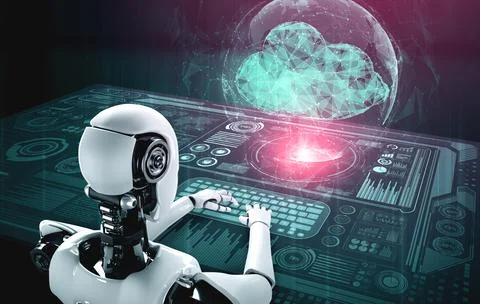 AI robot using cloud computing technology to store data on online server Stock Illustration