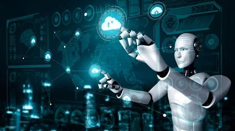 AI robot using cloud computing technology to store data on online server Stock Illustration