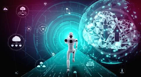 AI robot using cloud computing technology to store data on online server 스톡 일러스트