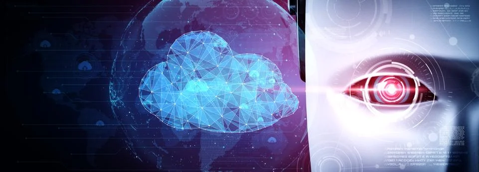 AI robot using cloud computing technology to store data on online server 库存插图