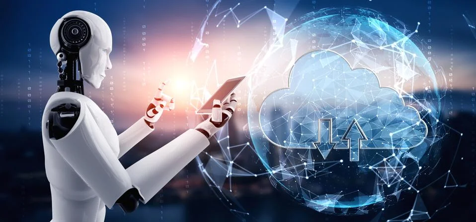 AI robot using cloud computing technology to store data on online server イラスト素材