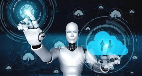 AI robot using cloud computing technology to store data on online server Stock Illustration