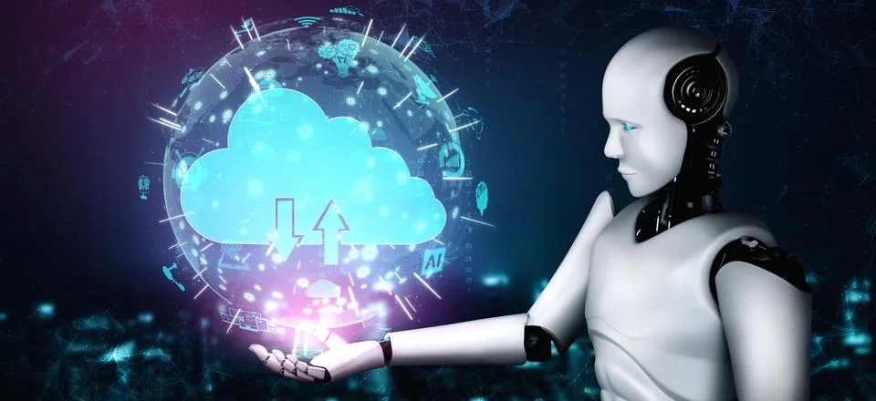 AI robot using cloud computing technology to store data on online server Stock Illustration
