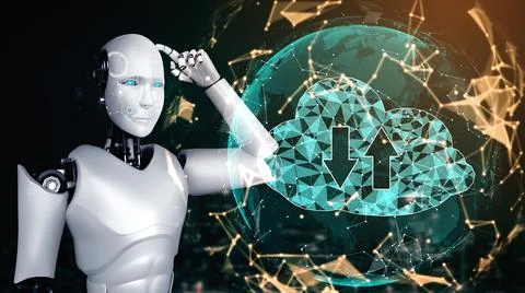 AI robot using cloud computing technology to store data on online server イラスト素材