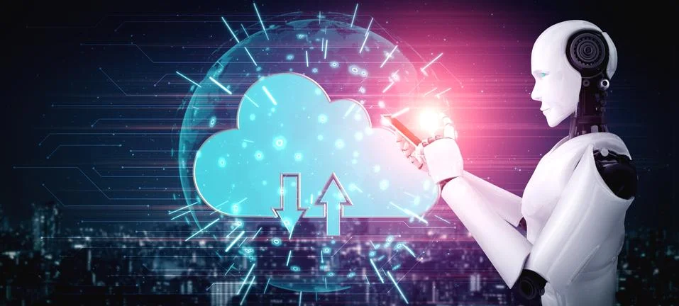 AI robot using cloud computing technology to store data on online server イラスト素材