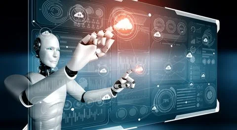 AI robot using cloud computing technology to store data on online server 스톡 일러스트