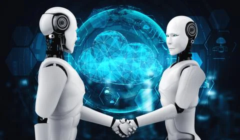 AI robot using cloud computing technology to store data on online server Stock Illustration