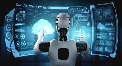 AI robot using cloud computing technology to store data on online server Stock Illustration