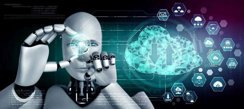 AI robot using cloud computing technology to store data on online server Stock Illustration