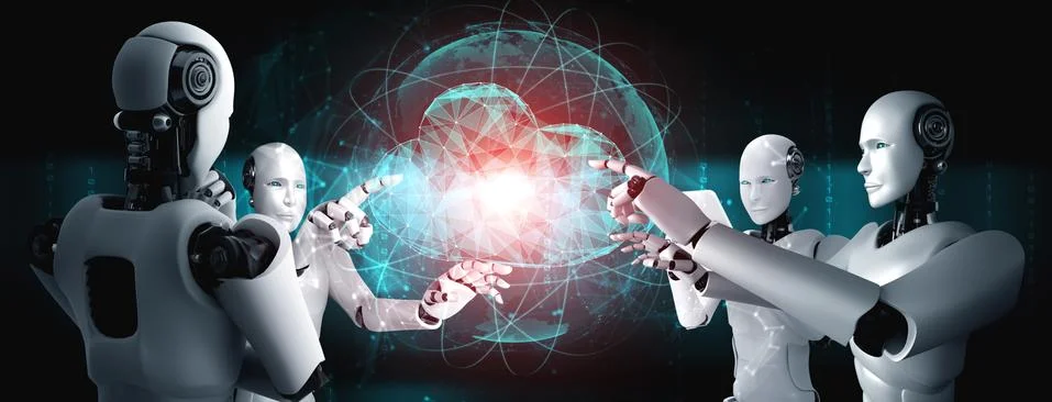 AI robot using cloud computing technology to store data on online server Stock Illustration