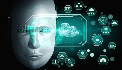 AI robot using cloud computing technology to store data on online server 库存插图