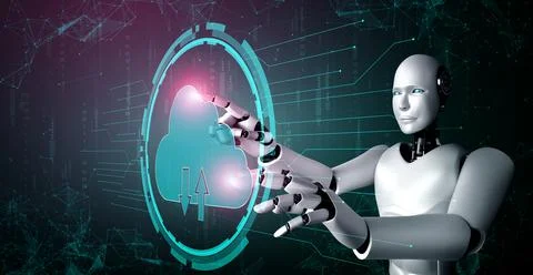 AI robot using cloud computing technology to store data on online server Stock Illustration