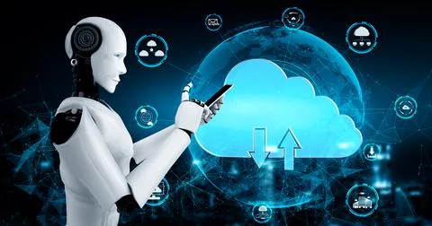 AI robot using cloud computing technology to store data on online server Stock Illustration