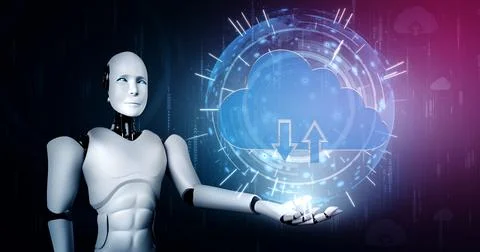 AI robot using cloud computing technology to store data on online server Stock Illustration