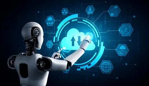 AI robot using cloud computing technology to store data on online server Stock Illustration