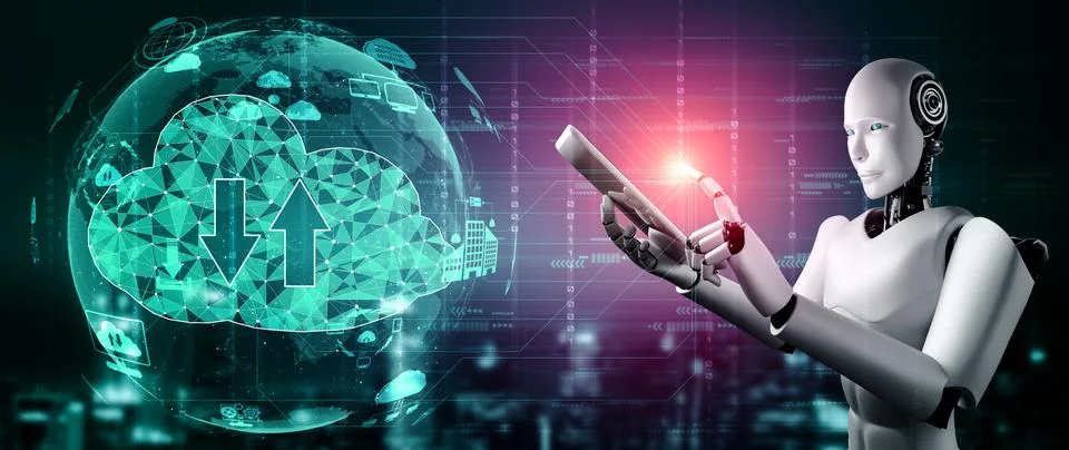 AI robot using cloud computing technology to store data on online server イラスト素材