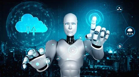AI robot using cloud computing technology to store data on online server Stock Illustration