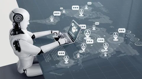 AI robot using computer to chat with customer. Concept of chat bot Stock Illustration