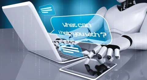 AI robot using computer to chat with customer. Concept of chat bot Stock Illustration