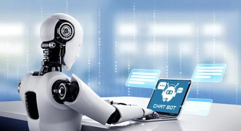 AI robot using computer to chat with customer. Concept of chat bot Illustrazione stock