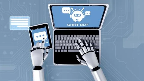 AI robot using computer to chat with customer. Concept of chat bot Stock Illustration