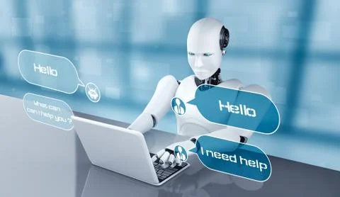 AI robot using computer to chat with customer. Concept of chat bot Illustrazione stock