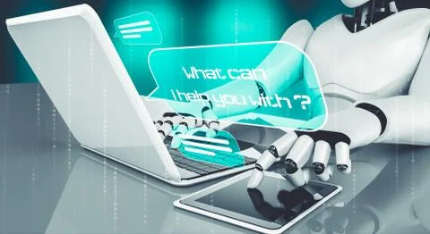AI robot using computer to chat with customer. Concept of chat bot Stock Illustration