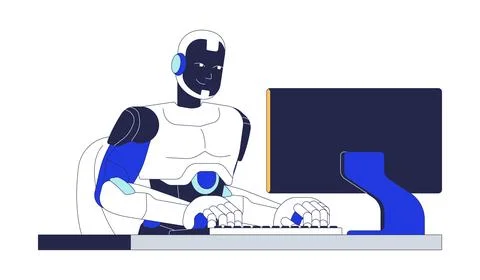 AI robot using computer for office work 2D cartoon character Stock Illustration