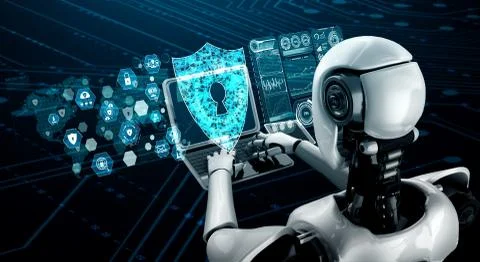 AI robot using cyber security to protect information privacy Illustrazione stock