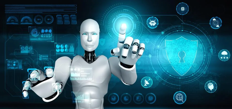 AI robot using cyber security to protect information privacy Illustrazione stock