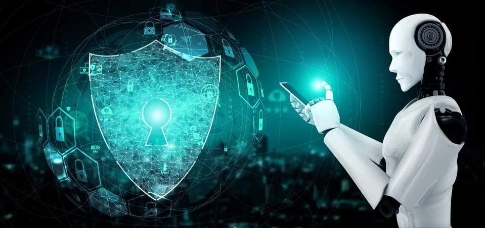 AI robot using cyber security to protect information privacy Illustrazione stock