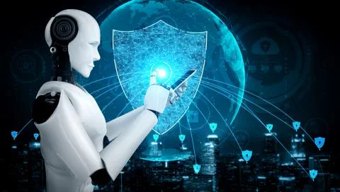 AI robot using cyber security to protect information privacy Stock Illustration