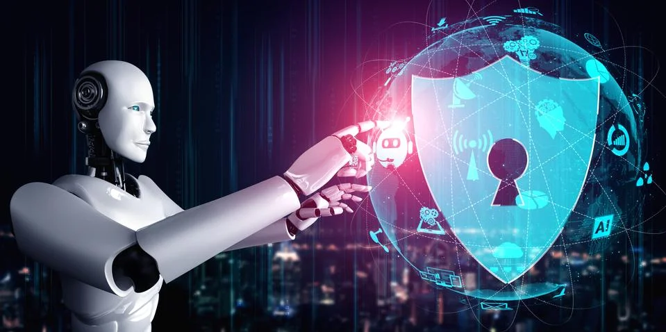 AI robot using cyber security to protect information privacy Illustrazione stock