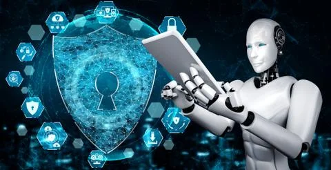 AI robot using cyber security to protect information privacy Illustrazione stock